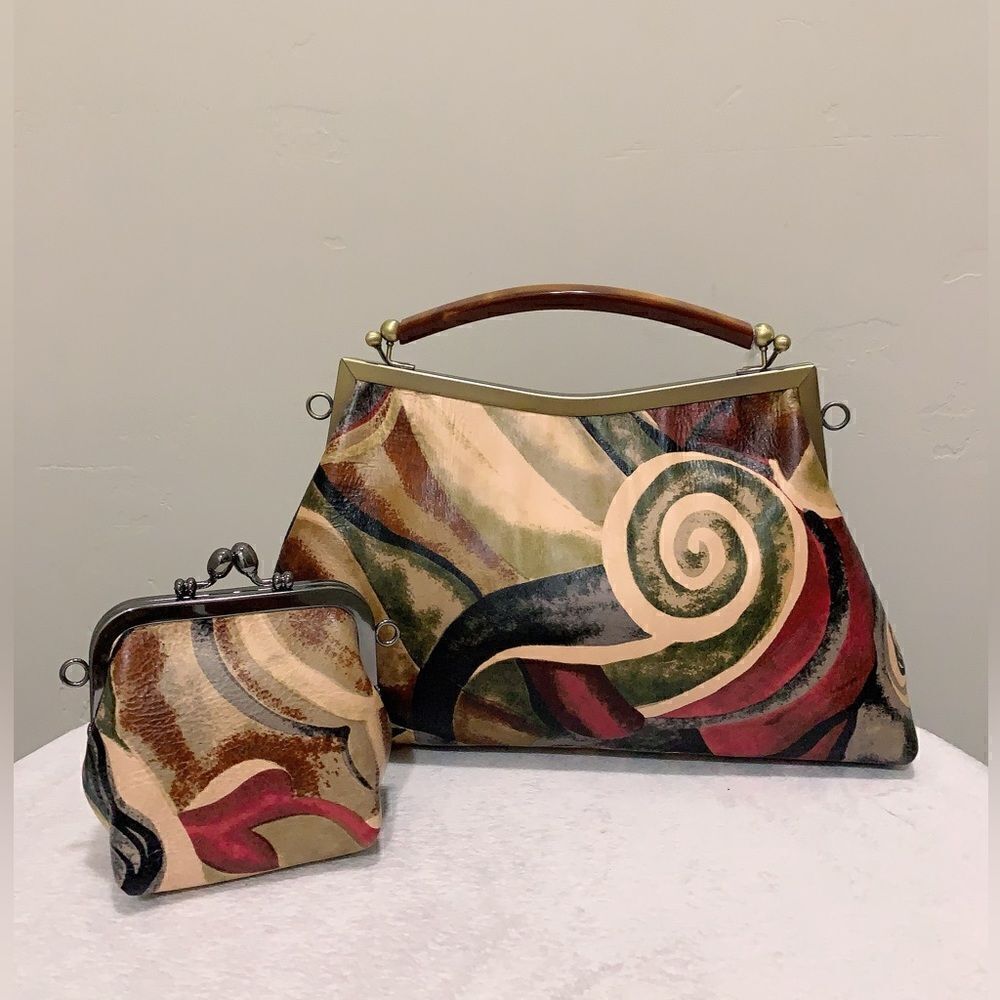 Abstract Print Genuine Cowhide Handmade Double Kisslock Bag with 2 Strap Styles - Picture 16 of 16